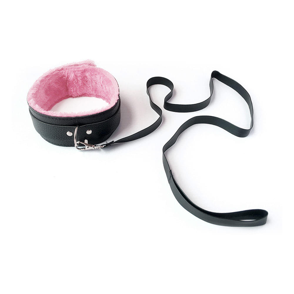 Coleira Bondage em Couro e Guia Preto e Rosa