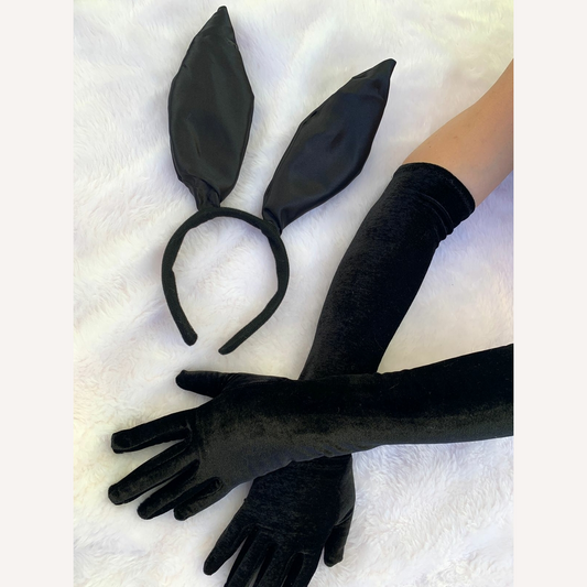 kit Tiara Coelha + Luvas Longa de Veludo Fantasia Halloween