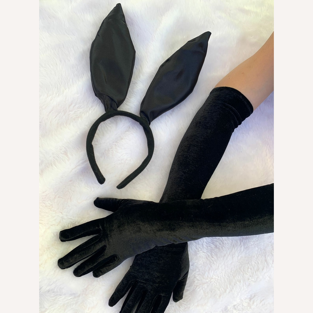 kit Tiara Coelha + Luvas Longa de Veludo Fantasia Halloween