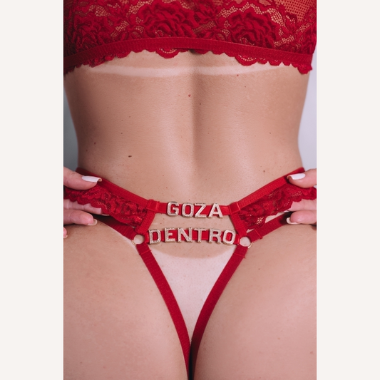 Conjunto Vermelho Com Ligas Frase Goza Dentro