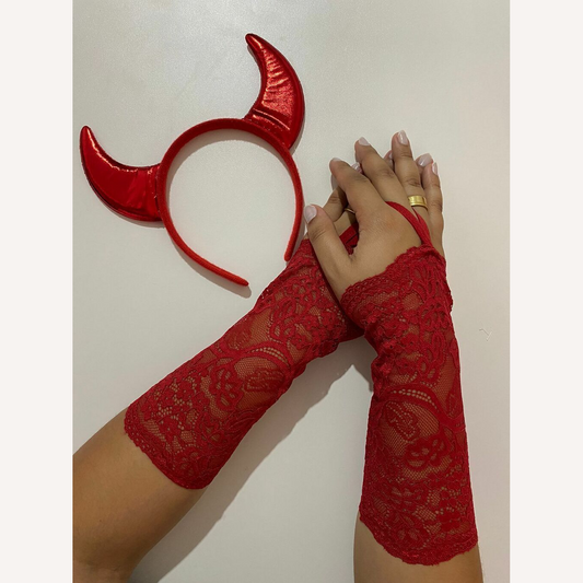 Kit Tiara Diabinha + Luva de renda Miteni Fantasia Halloween