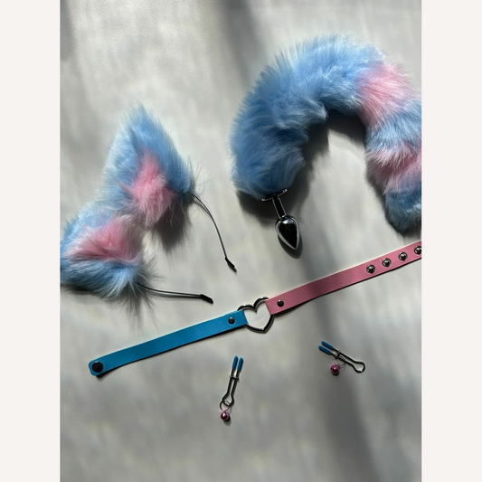Kit Raposa Bicolor Azul/Rosa Tiara Grampos Seios Gargantilha