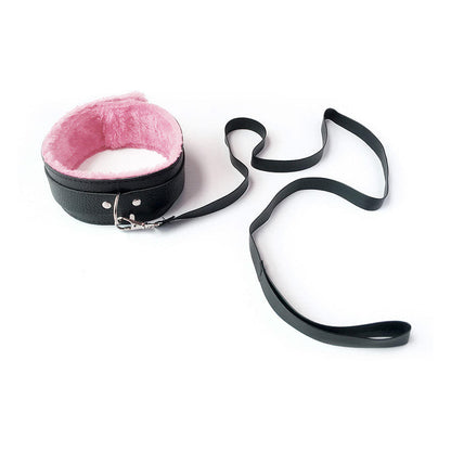 Coleira Bondage em Couro e Guia Preto e Rosa