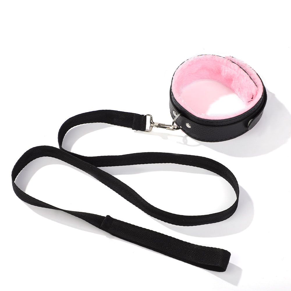 Coleira Bondage em Couro e Guia Preto e Rosa