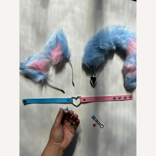 Kit Raposa Bicolor Azul/Rosa Tiara Grampos Seios Gargantilha