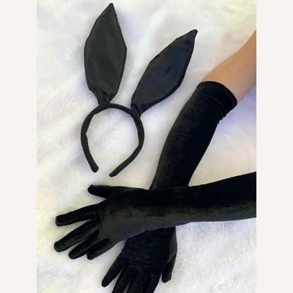 kit Tiara Coelha + Luvas Longa de Veludo Fantasia Halloween