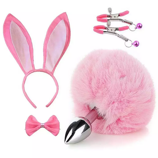 Kit Coelha Rosa Plug Tiara Grampos Seios Gravatinha