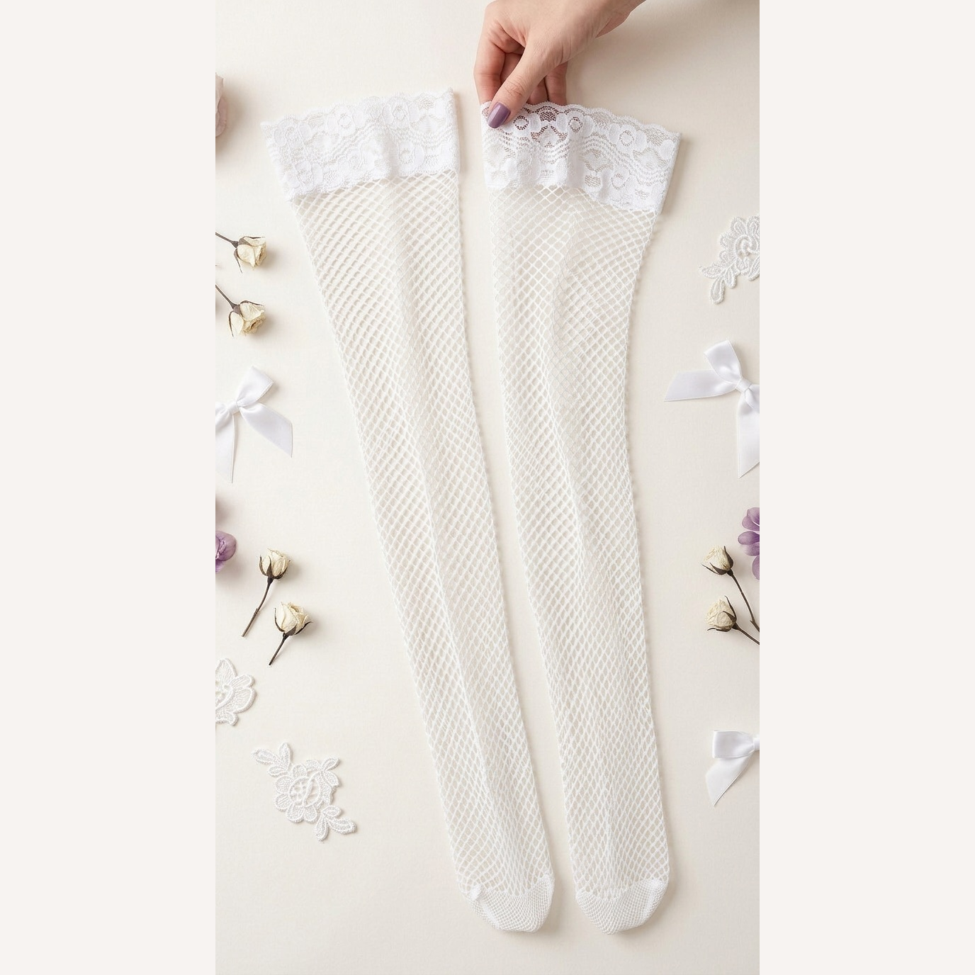 Meia Fina 7/8 Arrastão Com Renda Na Coxa ( Sem Silicone)