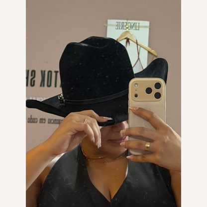 Chapéu Texas Country Montana Preto Aba 10 Aveludado Unissex Bandinha Couro