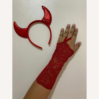 Kit Tiara Diabinha + Luva de renda Miteni Fantasia Halloween